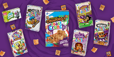Cinnamon Toast Crunch introduces limited-edition Cinnamoji Toast Crunch, the first-ever cereal blasted with Cinnamoji faces, and online exclusive celebrity boxes featuring global snowboarding icon Chloe Kim, professional football star Justin Jefferson, actress/recording artist Leslie Grace, singer Manuel Turizo and SpongeBob SquarePants. (Photo: Business Wire)