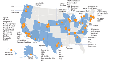 The nationwide network of IN2 Channel Partners includes 63 cleantech and agtech business incubators, accelerators, universities and industry experts. (Graphic: Business Wire)