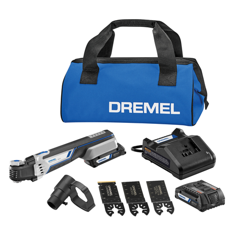 The new Dremel® Multi-Max™ 20V Tool kit includes the MM20V oscillating tool, 20V MAX battery, charger, (1) MM480 wood flush cut blade, (1) MM482 bi-metal wood and metal flush cut blade, (1) MM485 Swiss-made carbide flush cut blade, dust extraction adapter and canvas storage case.  (Photo: Business Wire)