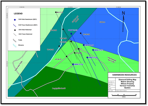 Figure 2: Map of drill holes completed at the Midrim, Wilson Property