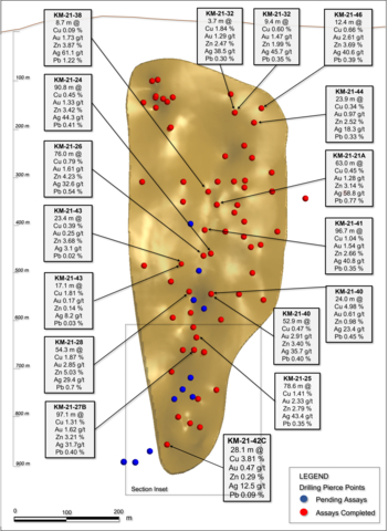 Figure 9. Long section displaying Kay Mine drill holes. See Tables 1-3 for additional details. The true width of mineralization is estimated to be 50% to 99% of reported core width, with an average of 80%. (Graphic: Business Wire)