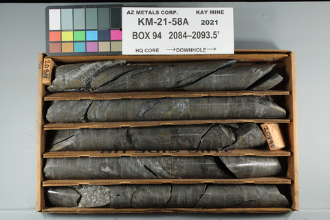 Figure 5. Hole KM-21-58A displaying an interval of massive sulphide mineralization (containing fine pyrite, chalcopyrite, sphalerite and galena) from 635.6 m to 638.5 m downhole, part of a broader interval from 597.1 m to 660.1 m. This is an image of a selected interval and is not representative of mineralization hosted on the property. (Photo: Business Wire)