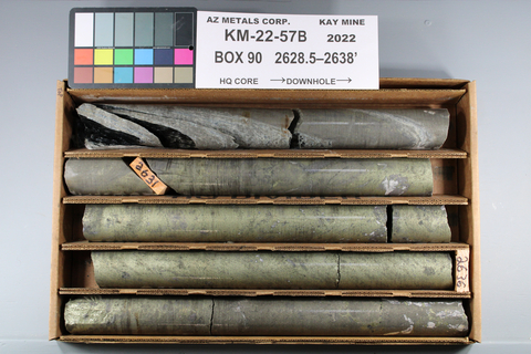 Figure 4. Hole KM-21-57B displaying an interval of massive sulphide mineralization (containing fine pyrite, chalcopyrite, sphalerite and galena) from 801.7 m to 803.7 m downhole, part of a broader interval from 757.6 m to 815.6 m. This is an image of a selected interval and is not representative of mineralization hosted on the property. (Photo: Business Wire)