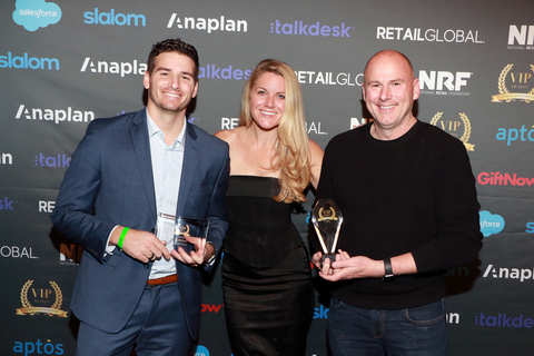 TruRating's Kelsey Erickson, Georgina Nelson and Alan Outlaw pick up the awards for Best Business Intelligence and Analytics Platform and The Retailer's Favorite. (Photo: Business Wire)