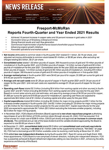 Freeport-McMoRan Reports Fourth-Quarter and Year Ended 2021 Results