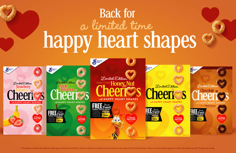 America’s No. 1 cereal brand is bringing back its happy heart shapes for the third year in limited-edition boxes of Honey Nut Cheerios and yellow-box original Cheerios, as well as its Apple Cinnamon, Chocolate and new Strawberry Banana flavors. (Photo: Business Wire)