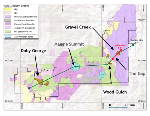 Figure 1. Geology and NI 43-101 resource areas on the Aura Project, Elko County, Nevada (Graphic: Business Wire)