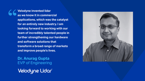 Dr. Anurag Gupta was announced as Executive Vice President of Engineering at Velodyne Lidar, Inc. He is responsible for leading Velodyne’s engineering team in delivering high-value hardware and software solutions that help customers solve system-level problems and enable their success in achieving a safer, more efficient, more sustainable future. (Photo: Velodyne Lidar)