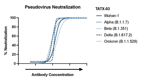 Figure 1. Demonstration of Potent Neutralization Efficacy for IPA’s PolyTope TATX-03 Against Pseudoviruses of Prominent Variants of Concern, Including Omicron. (Graphic: Business Wire)