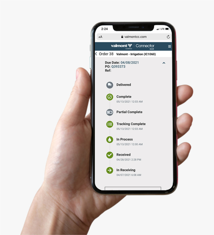 original Real-time order status updates in Valmont Coatings Connector® Max (Photo: Business Wire)