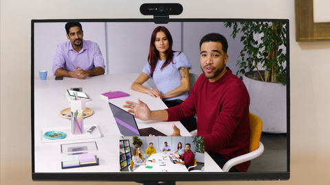 RightSight 2 trình bày đồng thời cả chế độ xem cận cảnh của từng người nói và chế độ xem toàn bộ phòng họp trong cuộc gọi điện video.  (Ảnh: Business Wire)