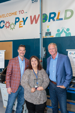 From left to right: Congressman Greg Steube; Mary Coopey, Team Member for PGT Innovations and wife of George Coopey; Jeff Jackson, President and CEO of PGT Innovations. (Photo: Business Wire)