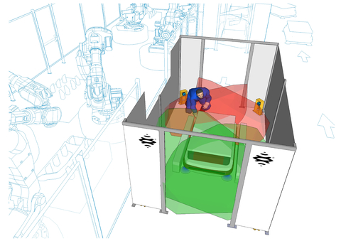 thumbnail Close-up of the scene. As long as the worker remains in the area, the Inxpect smart sensors detect him and prevent unintentional restarts. Thanks to the volumetric coverage, Inxpect 3D radars keep worker safe at all times, no matter if he's standing, kneeling or in any other position. (Photo: Inxpect S.p.A.)