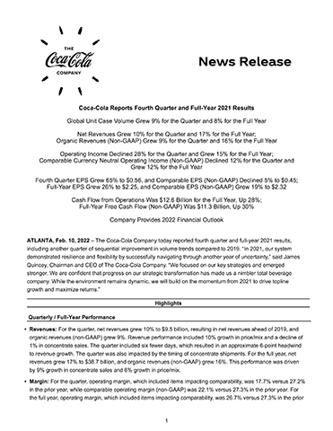 Coca-Cola fourth quarter and full-year 2021 full earnings release