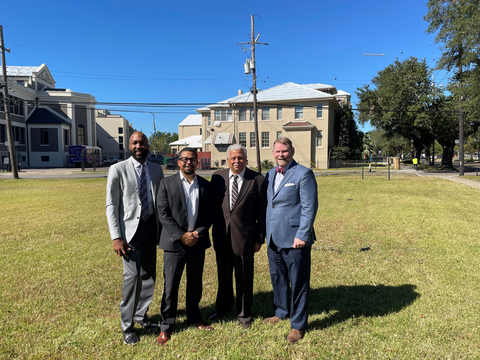Bank officials visited the site where The Liberty at St. Bernard will be built. From left: Kelvin Luster, Home Bank senior vice president and community development director; Todd McDonald, Liberty Bank and Trust Co. board member and senior vice president of corporate strategy; Alden McDonald Jr., Liberty Bank and Trust Co. president and CEO; and John Zollinger IV, Home Bank senior vice president and director of Commercial Banking. (Photo: Business Wire)