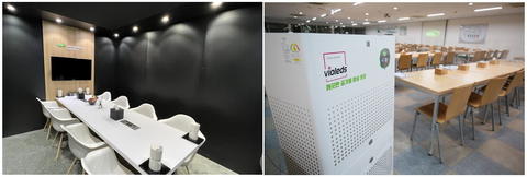 バイオレッズ技術が適用されたCES会議場の「携帯用空気清浄機」（左）、社内食堂に設置された「空気清浄殺菌機」（右）（写真：ビジネスワイヤ）