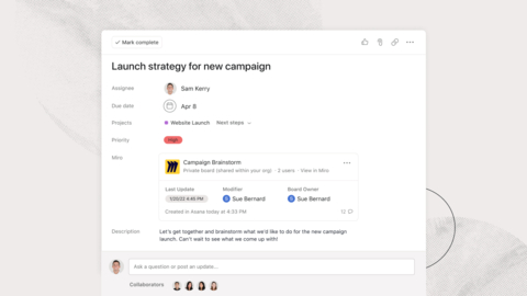 Asana's new integration with Miro makes it easy to link virtual whiteboards into Asana tasks, giving teams the context they need to turn ideas into action. (Graphic: Business Wire)