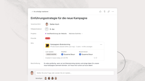 Die neue Integration mit Miro macht es einfach, virtuelle Whiteboards mit Asana-Aufgaben zu verknüpfen, wodurch Teams den Kontext erhalten, den sie benötigen, um Ideen in die Tat umzusetzen. (Graphic: Business Wire)