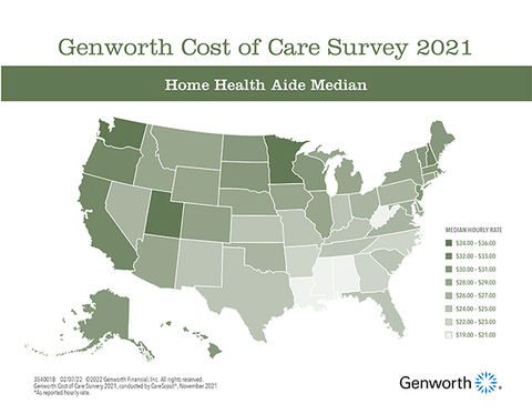 Median hourly rate for home health aides in the United States in 2021, according to Genworth Cost of Care Survey.