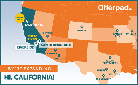 Offerpad today announced expansion into California. Its one-stop online solutions and services are now available in Riverside and San Bernardino. Offerpad brings flexibility and certainty to buying and selling homes with 24-hour cash offers, custom listing solutions, and access to home mortgage and title services to residents in the Inland Empire. (Graphic: Business Wire)