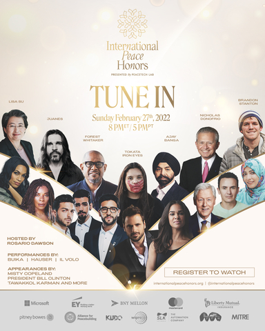 2022 International Peace Honors on Feb. 27th at 8PM ET/ 5PM PT.  Register to watch at: internationalpeacehonors.org (Graphic: Business Wire)