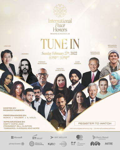 original 2022 International Peace Honors on Feb. 27th at 8PM ET/ 5PM PT. Register to watch at: internationalpeacehonors.org (Graphic: Business Wire)