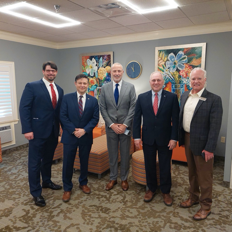 Pictured, left to right: Lance LeBon, Executive Director at Spring Lake Skilled Nursing Facility, U.S. Congressman Mike Johnson, Representative from Louisiana’s 4th District, Doug Boulware, Managing Partner, Priority Management, House Minority Whip Steve Scalise, Representative from Louisiana’s 1st District, and Rick Newell, Regional Vice President for Priority Management. (Photo: Business Wire)