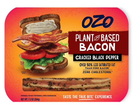 OZO plant-based bacon contains less fat than pork bacon and has zero cholesterol. The product will be available in stores later this year. (Photo: Business Wire)