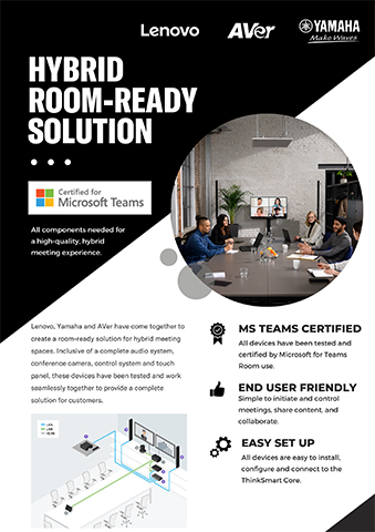 The hybrid room-ready solution includes the AVer CAM520 Pro2, Lenovo ThinkSmart Core + Controller, and Yamaha ADECIA Ceiling Mic and Speaker Solution.