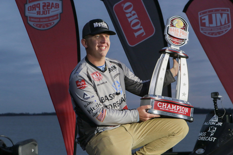 original 29-Year-Old Alton Jones, Jr. of Waco, Texas caught 13 bass weighing 46 pounds, 2 ounces Friday to win the Major League Fishing (MLF) Bass Pro Tour Toro Stage Two on Lake Fork Presented by Grundéns in Quitman, Texas, and earns the top prize of $100,000. (Photo: Business Wire)