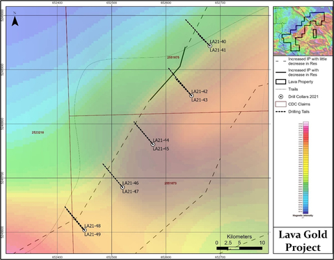 original Figure 1 : Carte des trous de forage et du champ magnétique total (Graphic: Business Wire)