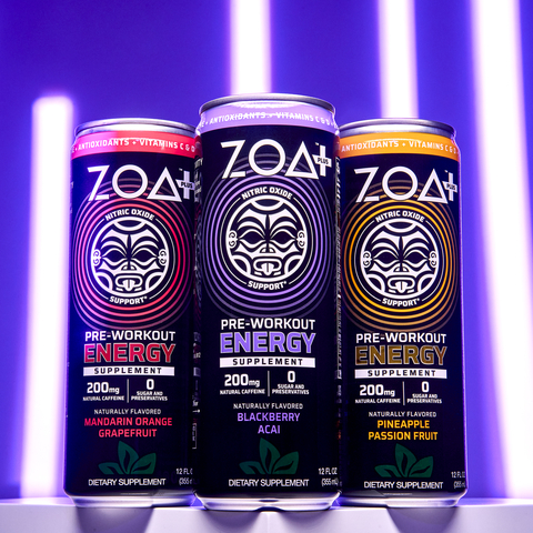 ZOA+ pre-workout flavors include Mandarin Orange Grapefruit, Blackberry Acai and Pineapple Passion Fruit (Photo: Business Wire)