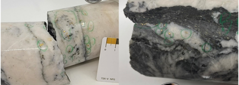 Figure 1: Left: Photo of mineralization from NFGC-21-256A approximately 161.2 m down hole depth and Right: NFGC-21-285 approximately 70.28m down hole depth. Note that these photos are not intended to be representative of gold mineralization in hole NFGC-21-256A and NFGC-21-385. (Photo: Business Wire)