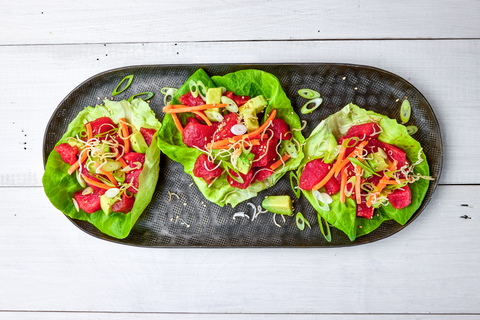 Lettuce wraps using Finless Foods' plant-based tuna. (Photo: Business Wire)