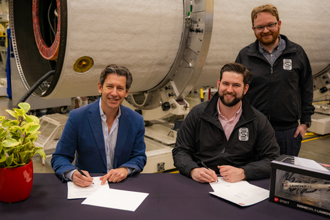 Virgin Orbit CEO Dan Hart, Space Forge CEO Joshua Western and CTO Andrew Bacon sign launch agreement in Long Beach, California (Photo: Business Wire)
