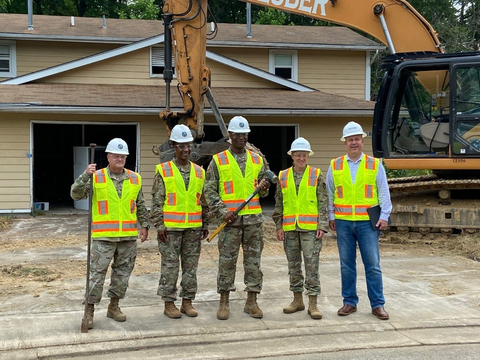 From Left to Right: In June, Garrison Commander Col. Timothy Druell, Garrison Command Sgt. Maj. Ruth Drewitt, Maj. Gen. Mitchell Kilgo, Command Sgt. Maj. Kristie Brady, and Corvias’s Pete Sims took part in the demolition ceremony to kick off the removal of 140 townhomes in the Skipper’s Point neighborhood. (Photo: Business Wire)
