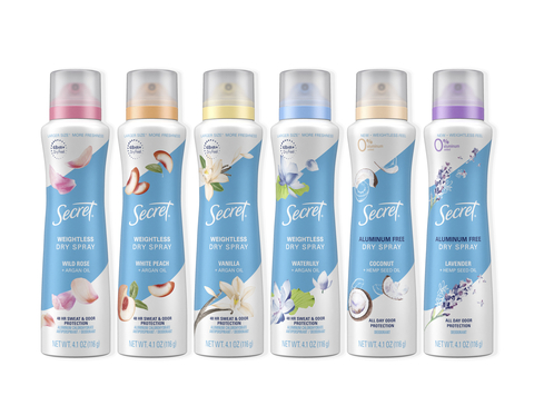 Secret introduces an all-new Weightless Dry Spray collection featuring both antiperspirant and aluminum-free deodorant options. (Photo: Business Wire)