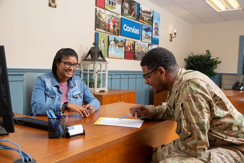 A U.S. Army service member gets in-person support from the Corvias Leasing Office at the Southern Plains Community Center, Fort Sill, Okla., just one of many ways residents can get support for housing services. (Photo: Business Wire)