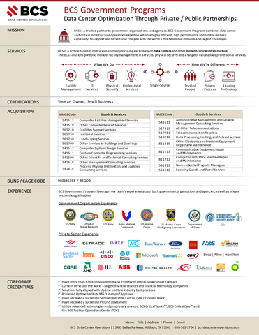 New Offering Expands BCS Government Programs, Enhances Self-performance Operations Model (Graphic: BCS Data Center Operations)