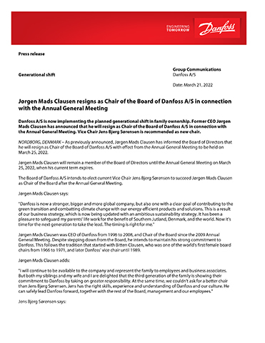 original Jørgen Mads Clausen resigns as Chair of the Board of Danfoss A/S in connection with the Annual General Meeting