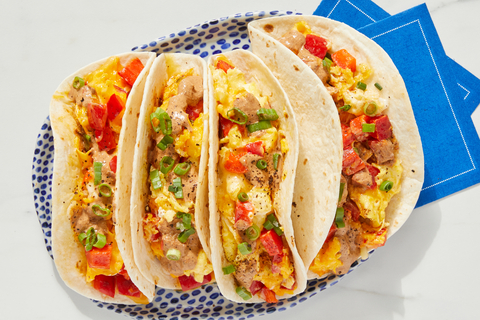 Cheesy Egg & Bell Pepper Tacos with Chipotle Sour Cream – Blue Apron adds breakfast options as part of its expanded Add-ons menu. (Photo: Business Wire)
