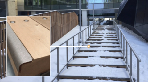 original A state-of-the-art hospital increased the safety of its entryway for hospital visitors by installing SLIPNOT® anti-slip surface technology on the nosings of the stairs. SLIPNOT safety flooring and surface technologies have a patented, high-friction coating that can reduce slips, trips, and falls in healthcare environments, including building entrances, food service spaces, helipads, rehabilitation areas, and employee break rooms. Photo courtesy: SLIPNOT