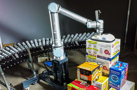 original Universal Robots’ UR10e cobot handles mixed-case depalletizing equipped with advanced 3D vision and real-time motion planning technologies from Mujin. The application is one of the cobot-powered material handling solutions showcased at Universal Robots' MODEX booth. (Photo: Business Wire)