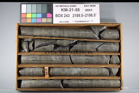 Figure 3. Hole KM-21-58 displaying interval from 667.8 m to 670.5 m downhole, intersecting 1.5 m grading 43.2 g/t Au, 2.6% Cu, 7.8% Zn, and 856 g/t Ag. This is part of a broader 68.4 m interval, from 614.2 m to 682.6 m, grading 6.7 g/t AuEq. See Table 1 for constituent elements, grades, metals prices and recovery assumptions for AuEq g/t calculations. Analyzed Metal Equivalent calculations are reported for illustrative purposes only. (Photo: Business Wire)