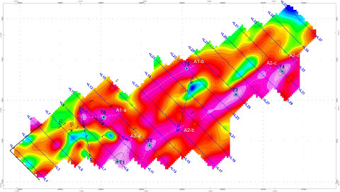 Fig. 2: Chargeability map with the identified IP axis, past drill holes and newly defined targets (T1 to T6) (Graphic: Business Wire)