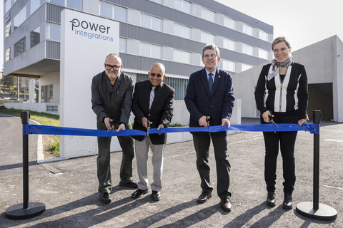 Power Integrations CEO Balu Balakrishnan (center, left) cuts the ribbon on the company's new facility in Biel, Switzerland, joined by (from left to right) Nik Liechti, CEO of GLS Architects, Biel mayor Erich Fehr and Biel finance director Silvia Steidle. (Photo: Business Wire)