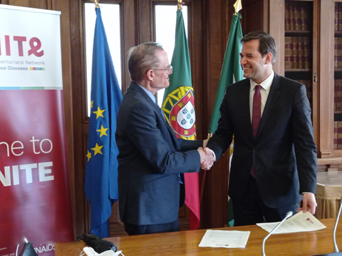 AHF President Michael Weinstein (left) and UNITE President and Member of Parliament in Portugal Ricardo Baptista Leite at the signing of the Memorandum of Understanding at the Portuguese National Parliament on March 24. (Photo: Business Wire)