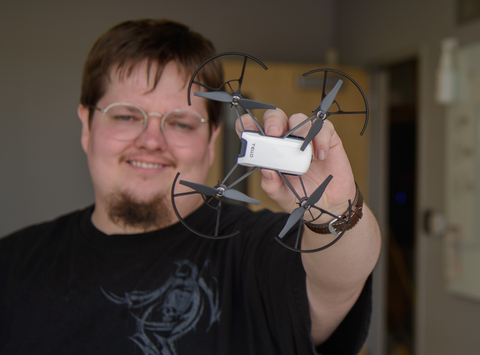 William Glover, a student in the artificial intelligence program at Chandler Gilbert Community College, has developed an AI application for drones. The application can be used in indoor search and rescue situations. It uses AI to interpret a live video feed to look for and recognize people who may be trapped in a burning building. (Credit: Intel Corporation)