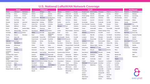 Cities and logistics points included in the Everynet U.S. national LoRaWAN network coverage. (Graphic: Business Wire)