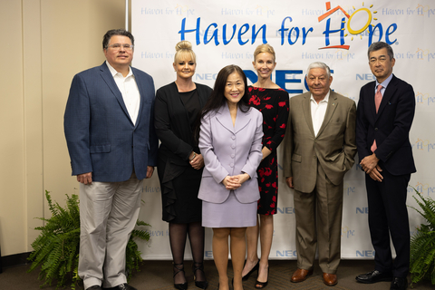 Group Photo L2R: Former TX Secretary of State Rolando Pablos, Haven for Hope Senior Director of Client Experience and Special Projects Shanna Wurm, NEC Corporation of America Strategic Advisor to the CEO Marisa Haines, Haven for Hope VP and Chief Operating Officer Molly Biglari, Haven for Hope Board Member US Army Major General (Retired) Alfred “Freddie” Valenzuela, NEC Corporation of America President and CEO Mark Ikeno. (Photo: Business Wire)